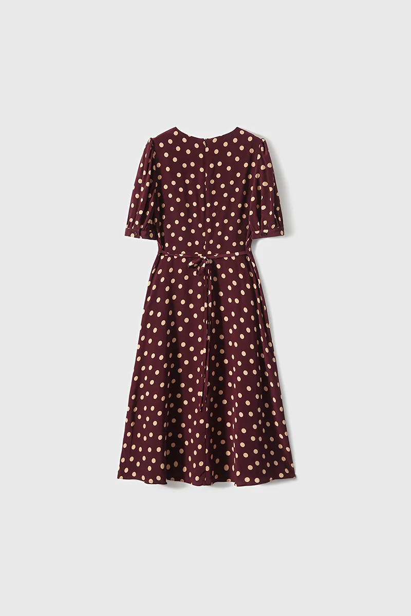 100 Mulberry Silk Red Polka-Dot Midi Tea Dress - HBQMJX
