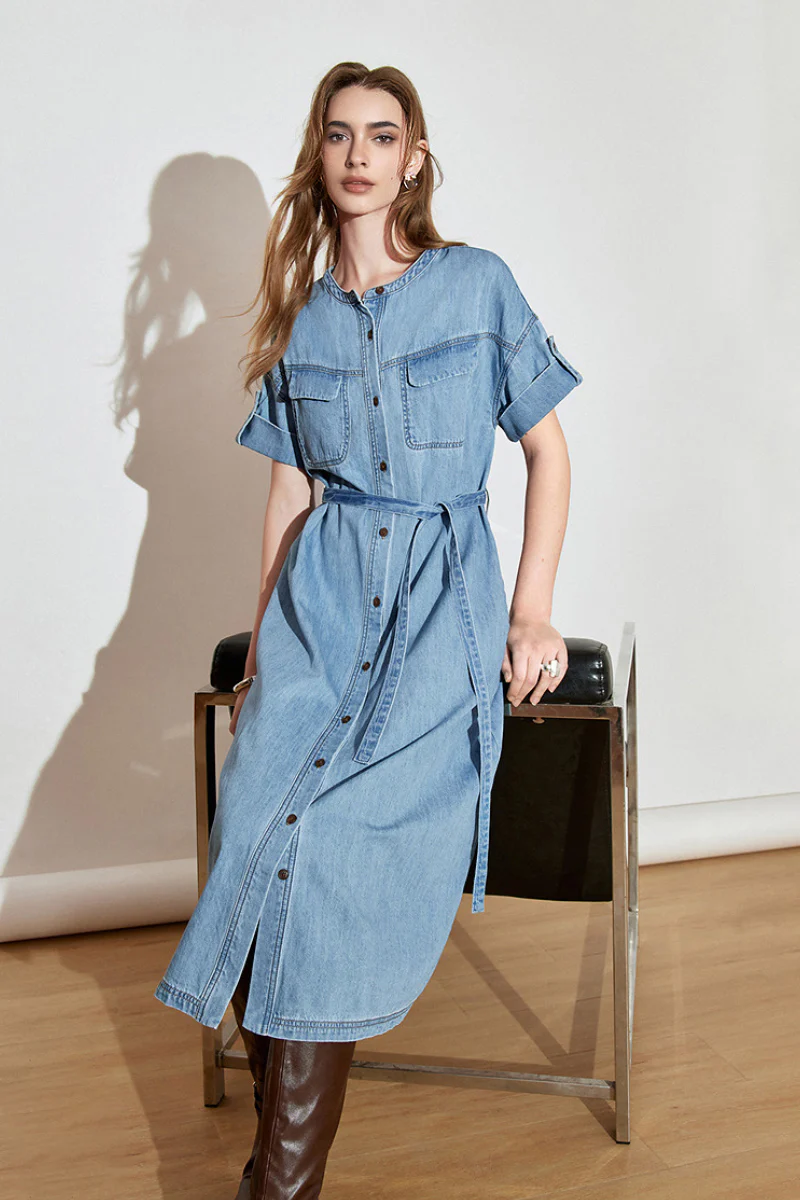 Denim Short-Sleeve Button-Up Belted Midi Shirt Dress with Back Slit - HBQMJX
