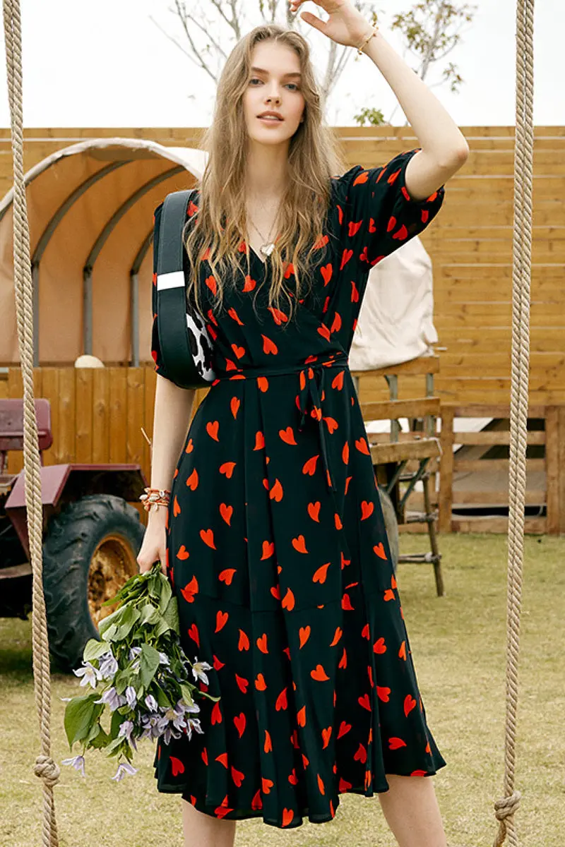 French-Inspired Silk Double Crepe Heart Wrap Midi Dress - HBQMJX