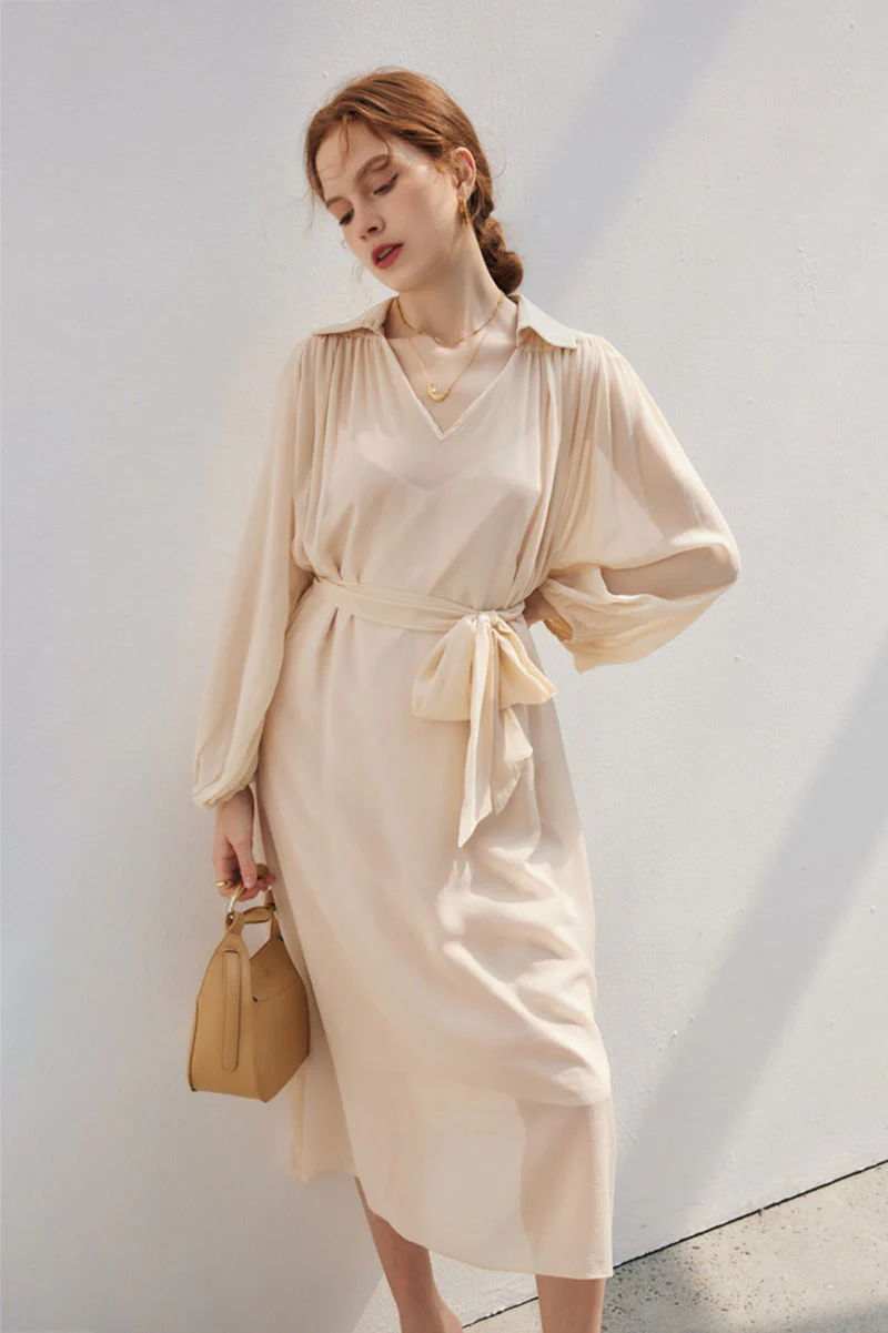 100 Mulberry Silk Flowy Sheer Balloon-Sleeve V-Neck Collared Midi Dress with Belt - HBQMJX