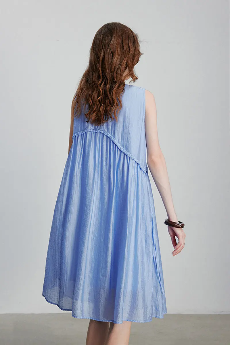 Light Blue Lyocell Sleeveless Ruffle-Detail Midi Dress - HBQMJX