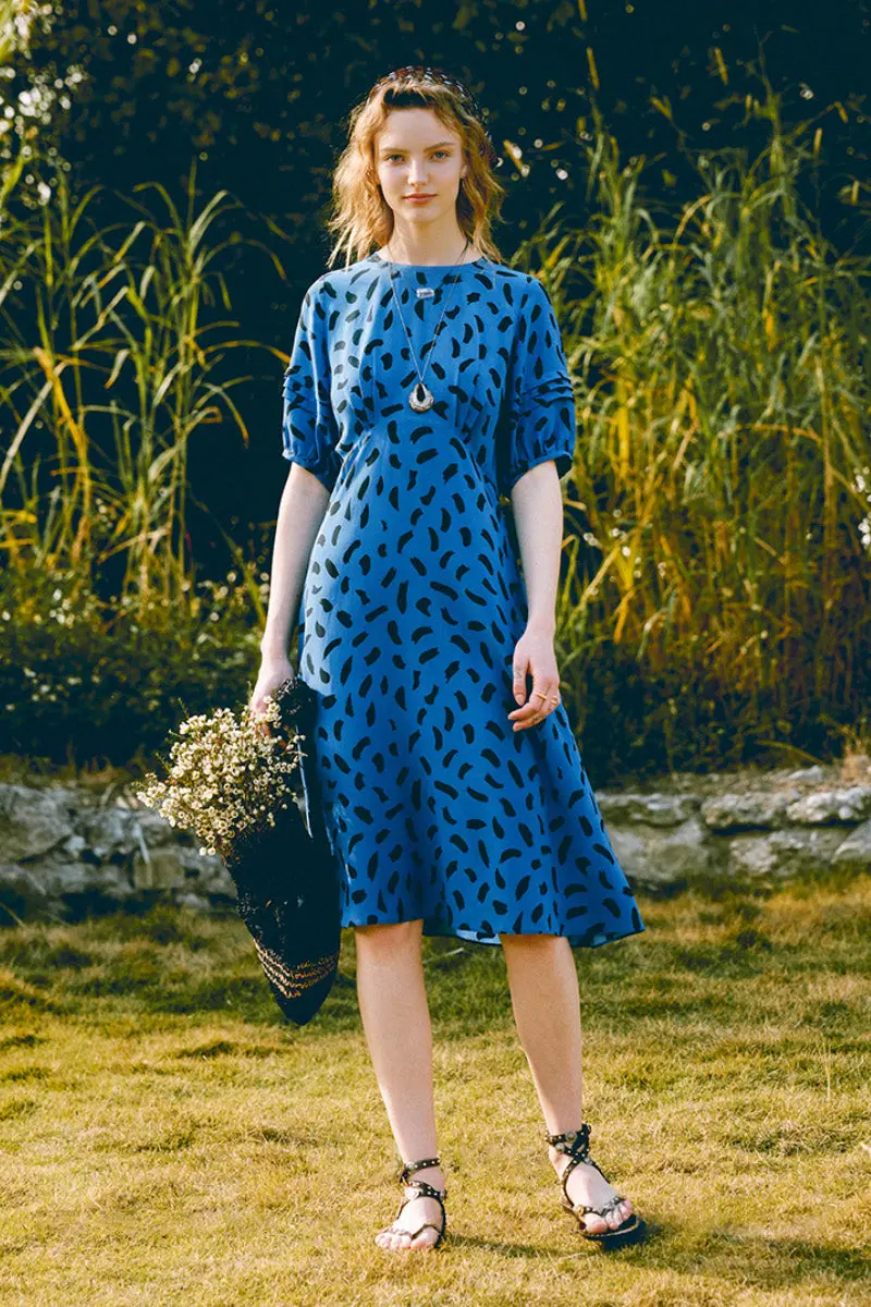 Vintage Silk Double Crepe Printed Midi Dress in Blue - HBQMJX