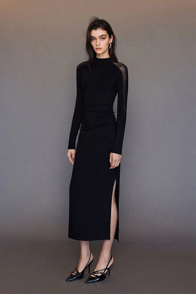 Black Bodycon Maxi Dress with Mesh Sleeve - HBQMJX