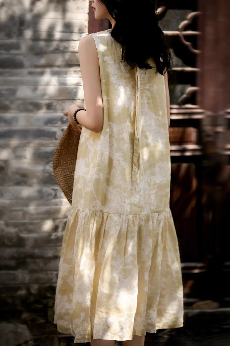 Ramie Floral Tiered Sleeveless Trapeze Midi Dress - HBQMJX