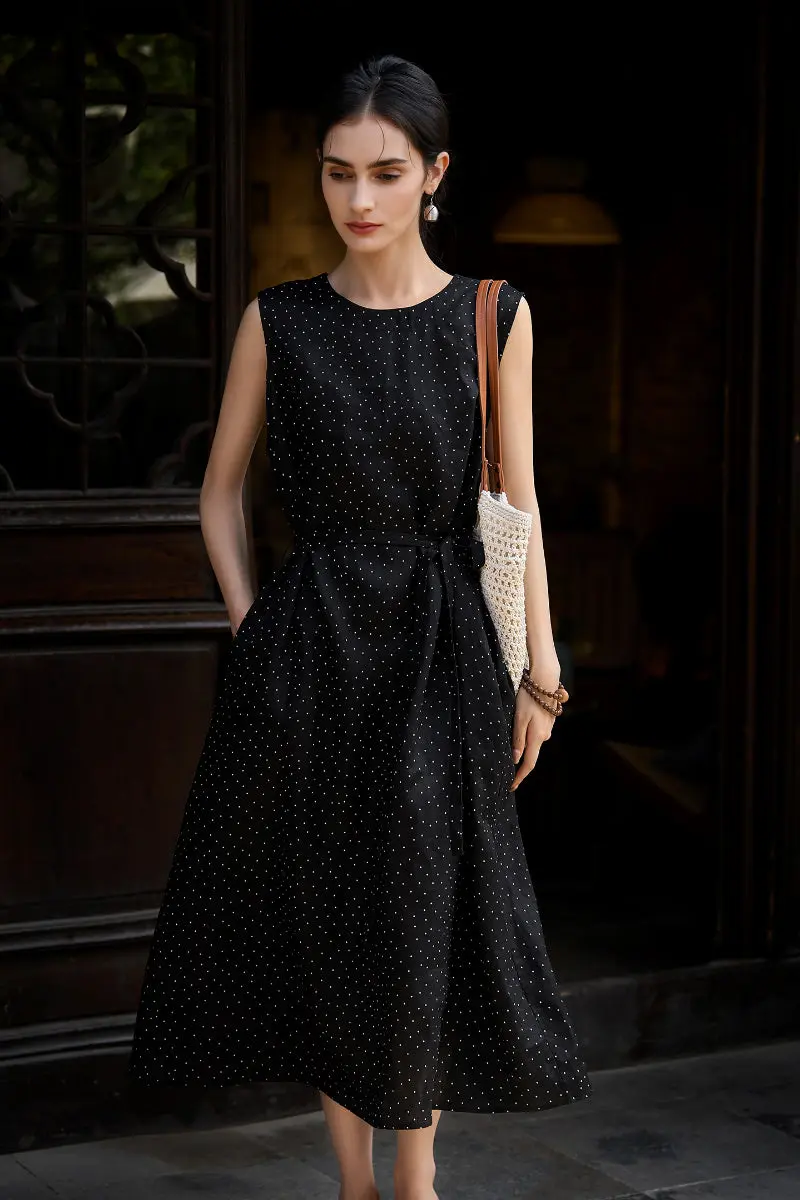 100 Linen Polka Dot Sleeveless Midi Dress with Pockets - HBQMJX