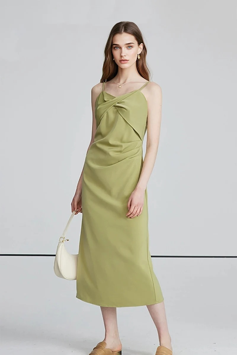 Green Spaghetti-Strap Twist-Front Midi Dress - HBQMJX