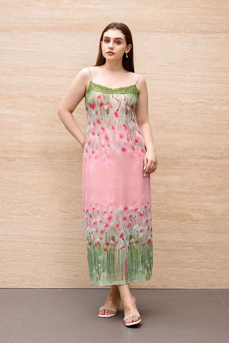 Floral Lace Mesh Slip Midi Dress with Side Slit - HBQMJX