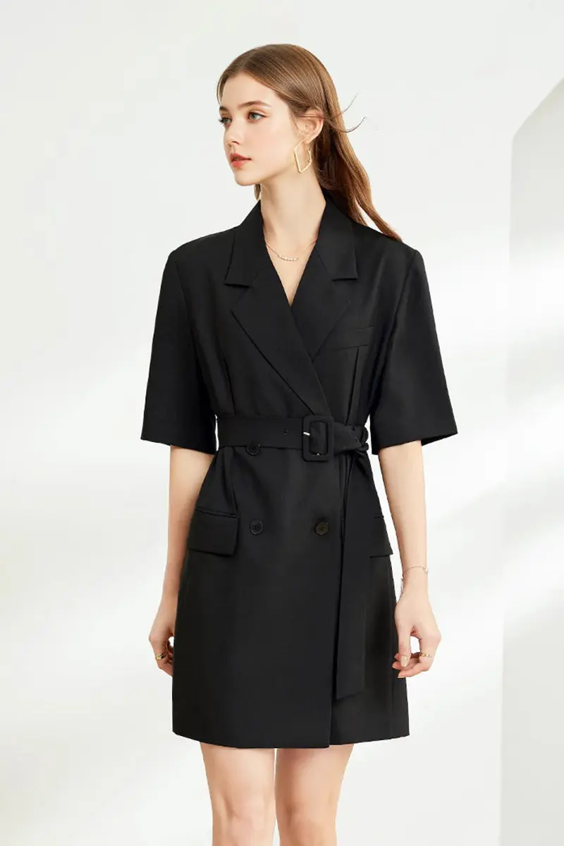 Black Double-Breasted Belted Blazer Mini Dress with Elbow Sleeve - HBQMJX