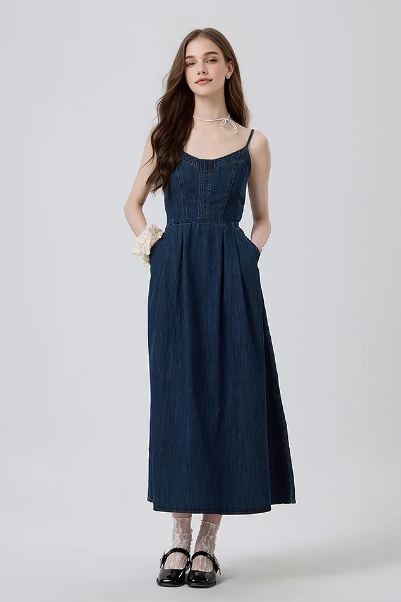 Denim Spaghetti-Strap Midi Dress With Pockets - HBQMJX