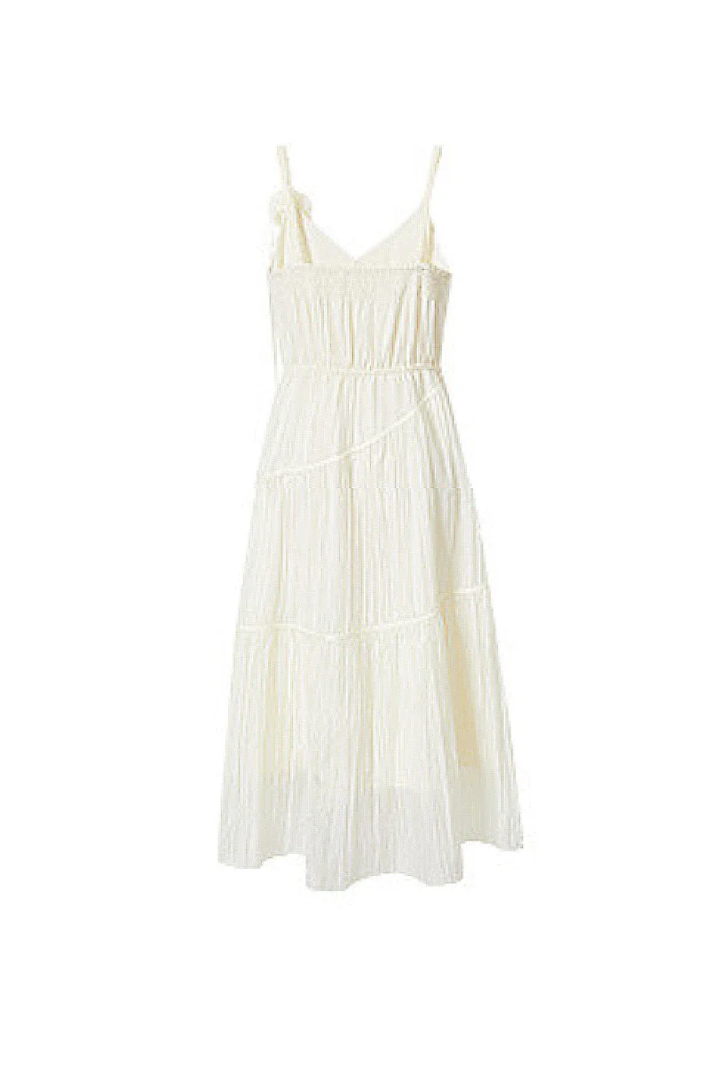 White V-Neck Spaghetti-Strap Textured Midi Dress - HBQMJX