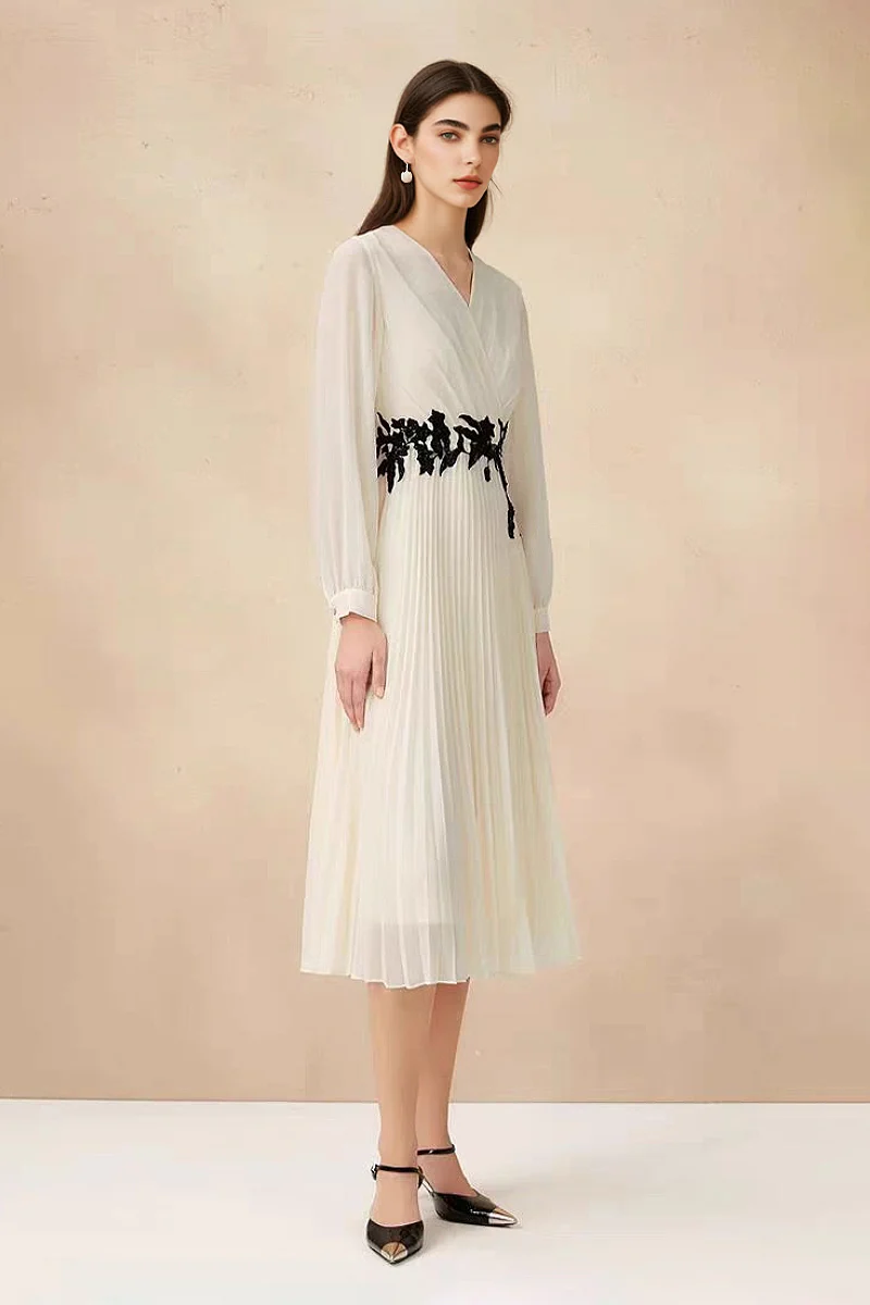 White Pleated Hand Embroidered Long-Sleeve Midi Dress - HBQMJX