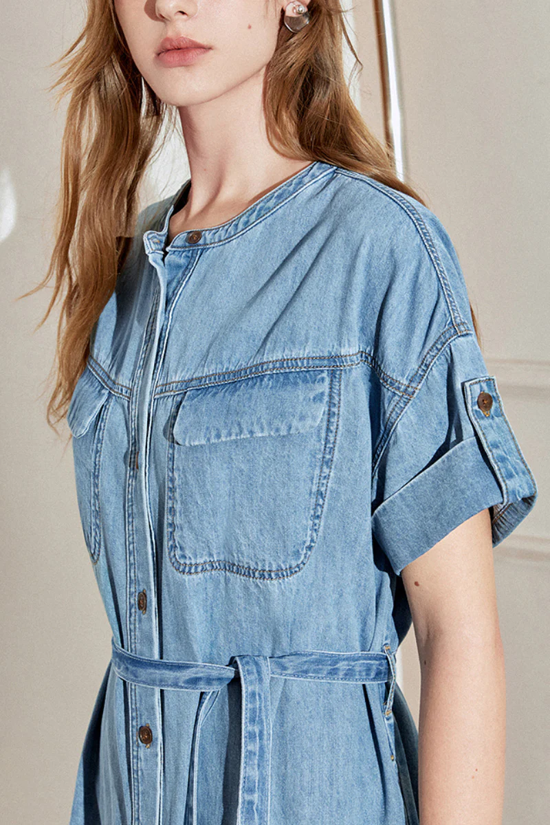 Denim Short-Sleeve Button-Up Belted Midi Shirt Dress with Back Slit - HBQMJX