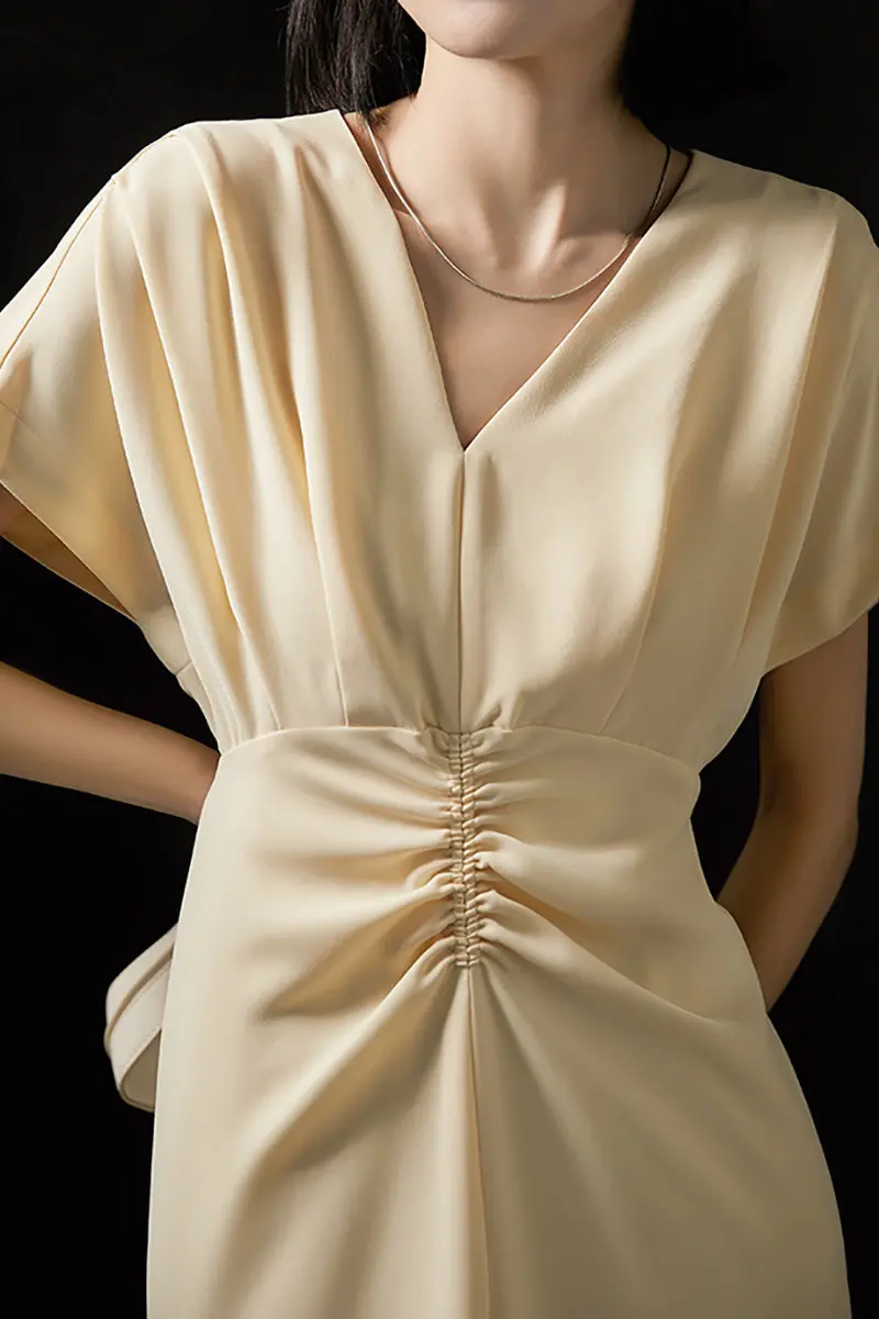 Yellow Triacetate V-Neck Gathered Waist Midi Dress - HBQMJX