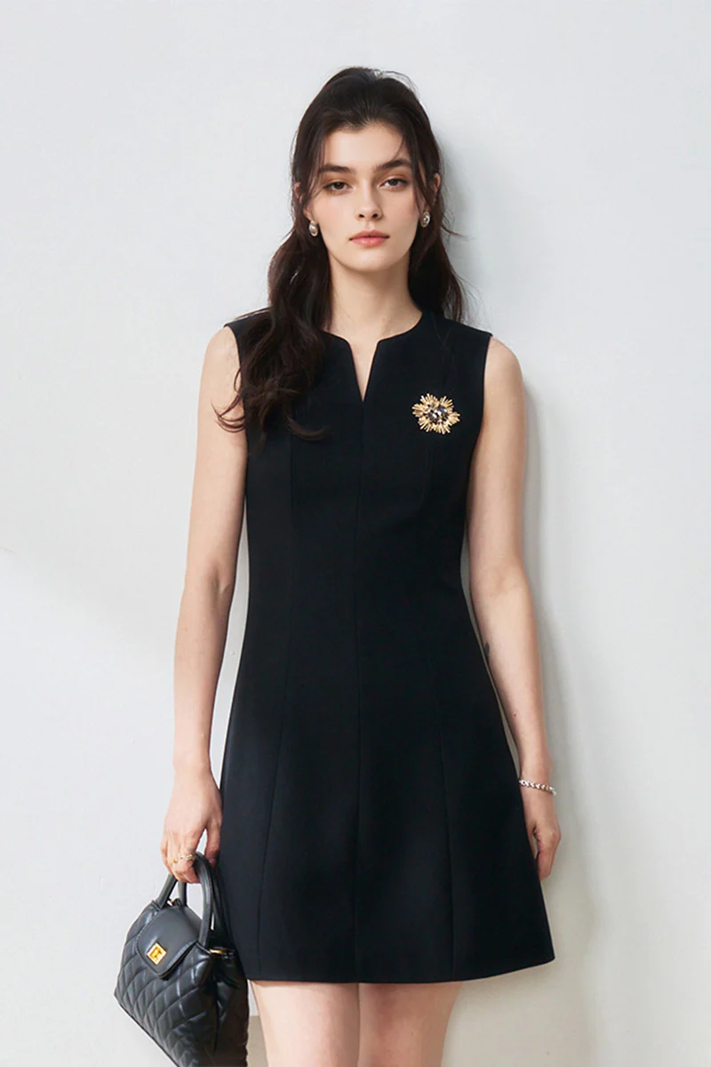 Black Sleeveless A-Line Mini Shift Dress with Brooch - HBQMJX