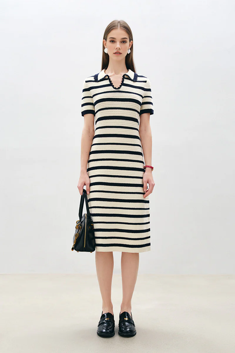 Crochet Black & White Striped Polo Midi Dress - HBQMJX