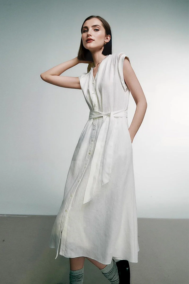 White 100 Linen Cap-Sleeve Button-Front Belted Midi Dress - HBQMJX