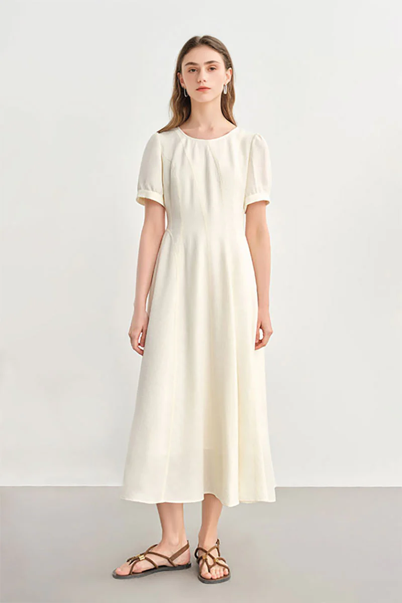 White Short-Sleeve A-Line Midi Dress - HBQMJX