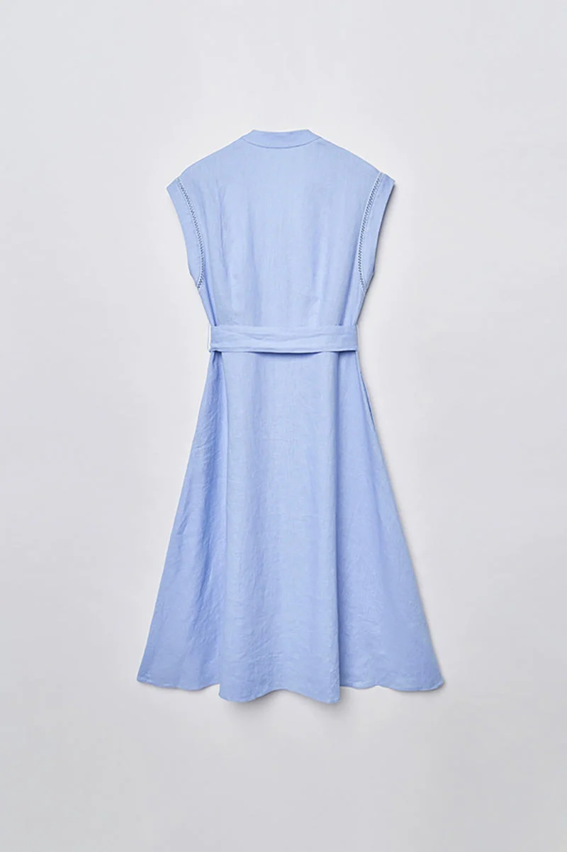 Baby Blue 100 Linen Cap-Sleeve Button-Front Belted Midi Dress - HBQMJX