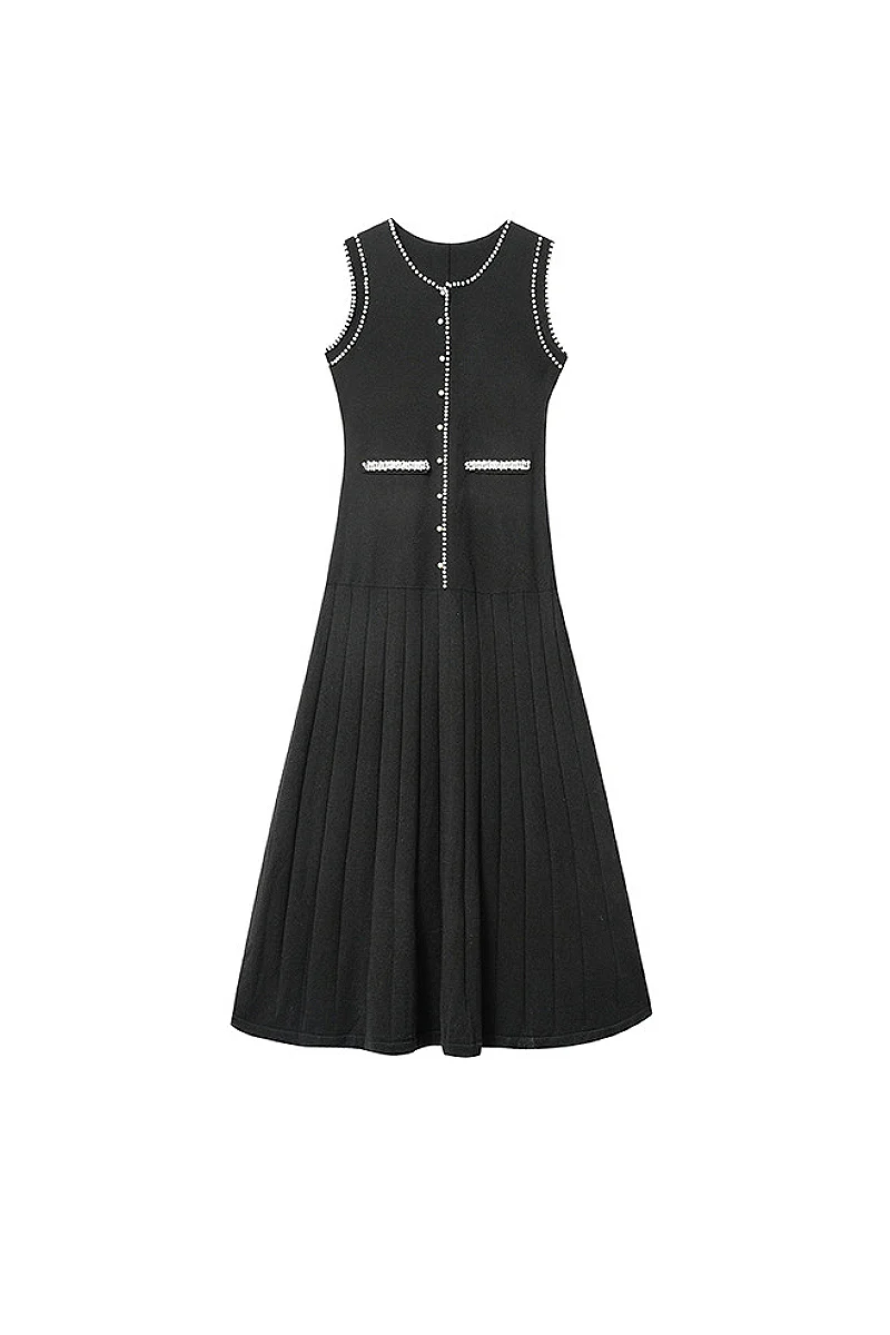 French Sleeveless Handmade Embellished Knit Midi Dress - HBQMJX