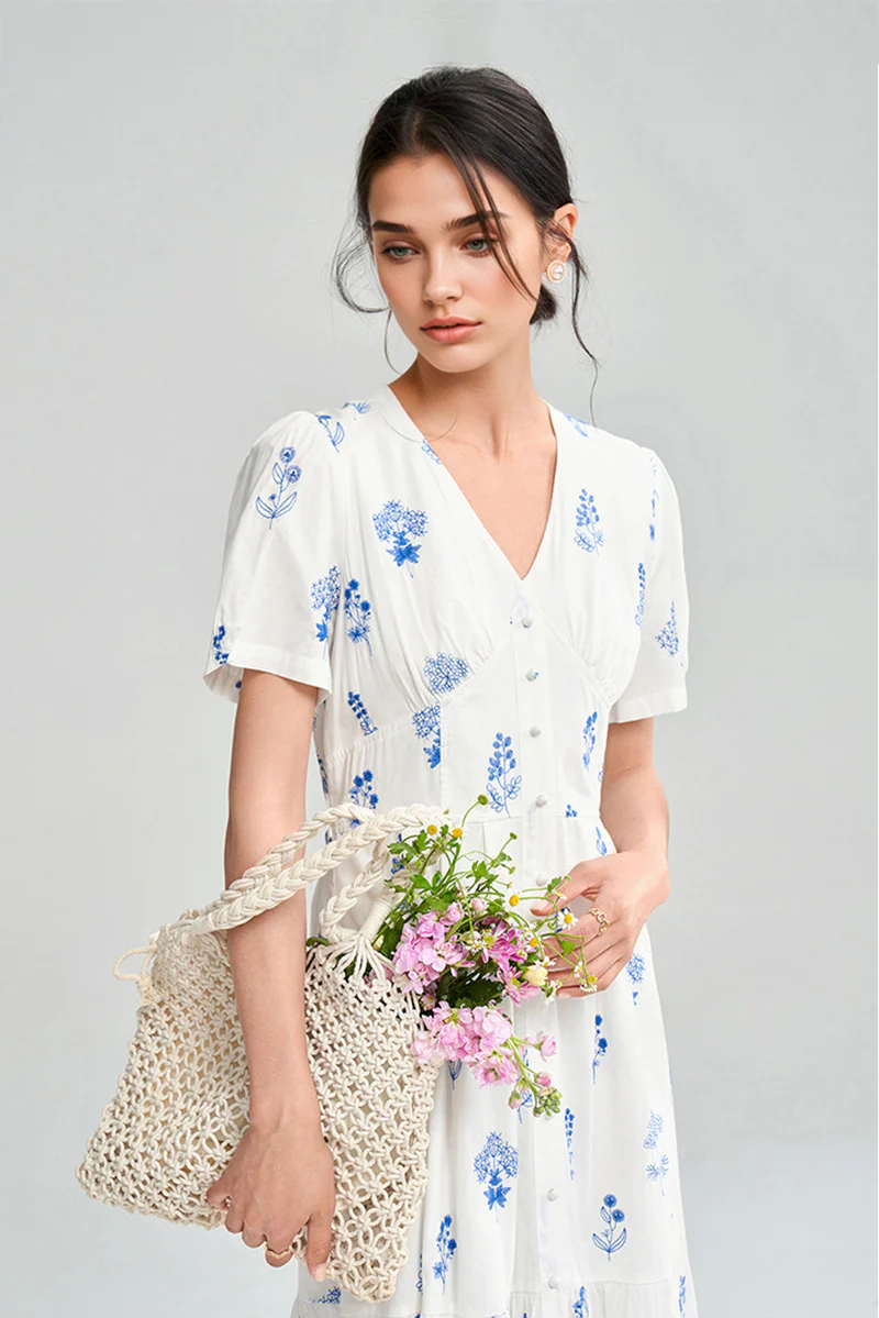 100 Cotton Floral Empire Waist A-Line Midi Sundress - HBQMJX