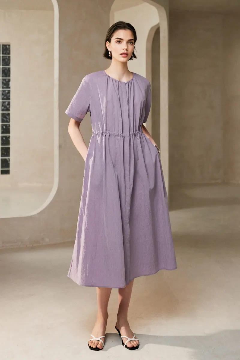 Summer Cinched Waist Midi Dress with Pockets - HBQMJX