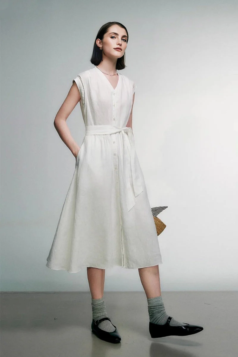 White 100 Linen Cap-Sleeve Button-Front Belted Midi Dress - HBQMJX