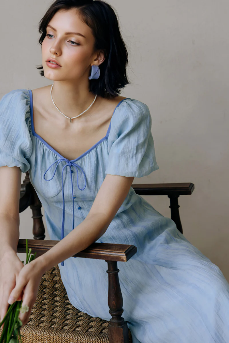 Baby Blue Lyocell V-Neck Puff-Sleeve Midi Dress - HBQMJX