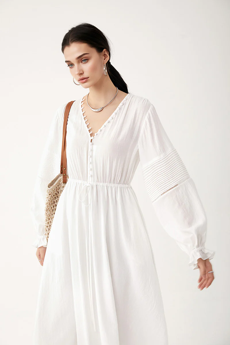 White Lantern-Sleeve V-Neck Midi Dress - HBQMJX
