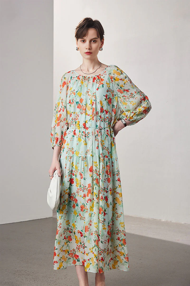 100 Mulberry Silk Floral  Balloon-Sleeve Drop Waist Midi Dress - HBQMJX