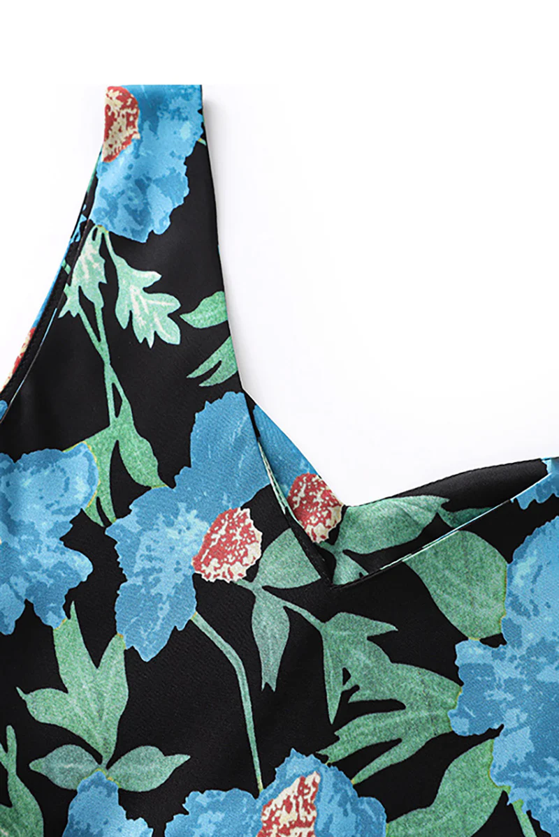 Blue Floral Sleeveless V-Neck Satin Midi Dress - HBQMJX
