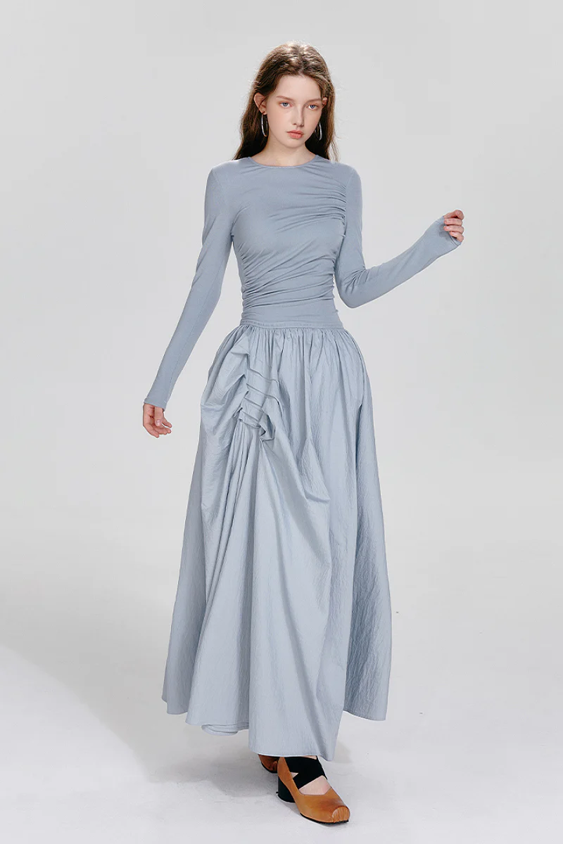 Blue Long-Sleeve Ruched Fit & Flare Maxi Dress - HBQMJX