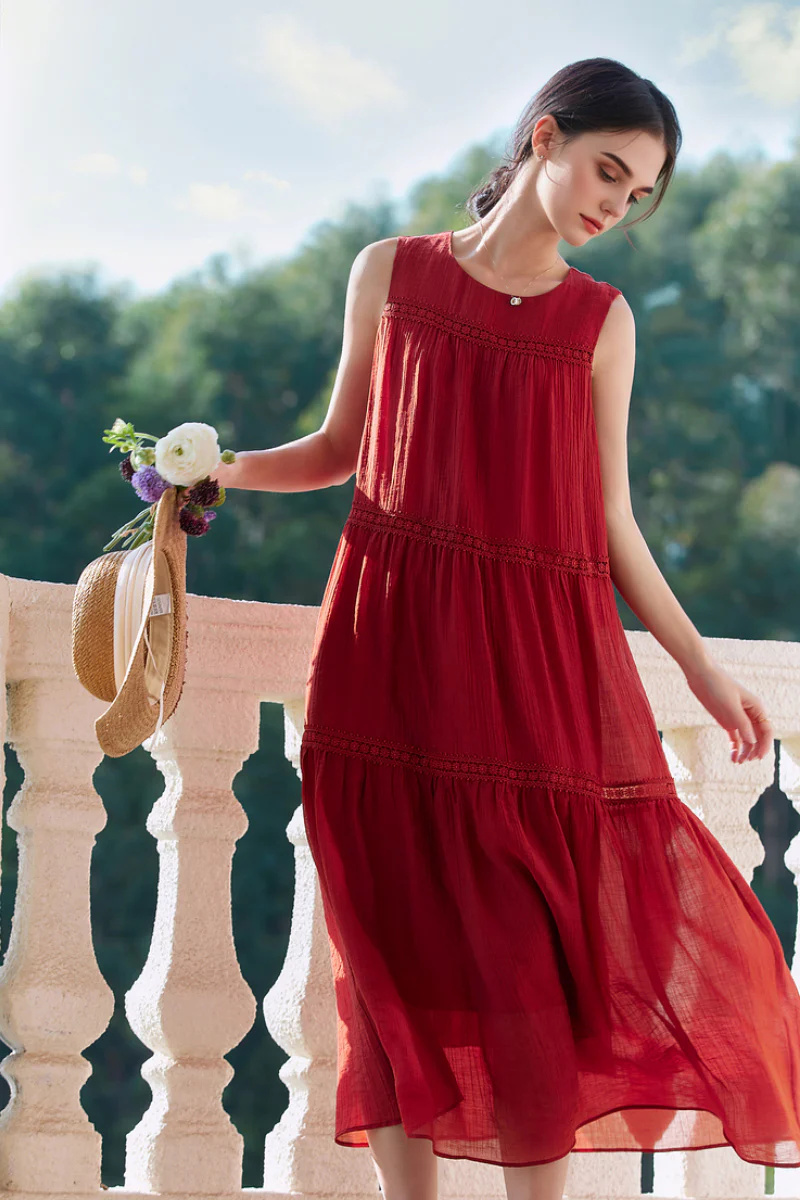 Red Tiered Sleeveless Tank Midi Dress with Embroidered Detail - HBQMJX