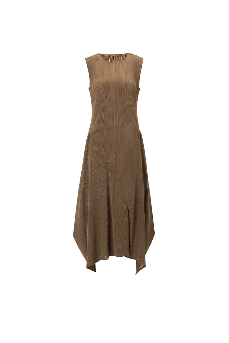 Designer Inspired Pleated Asymmetrical Midi Dress - HBQMJX