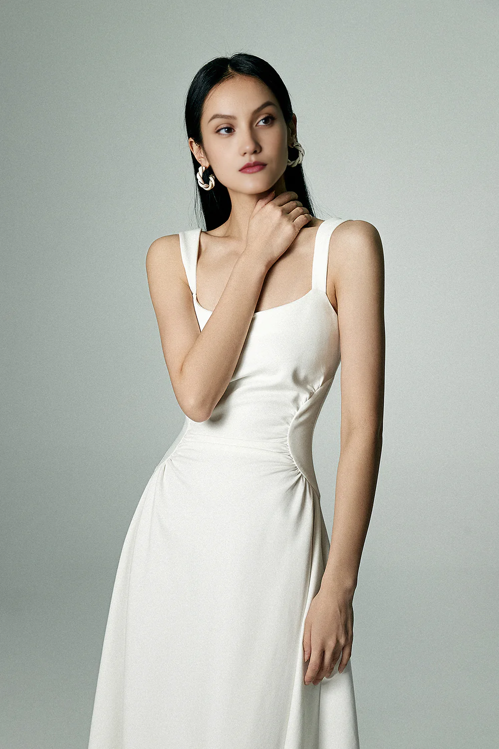 Square Neck Midi Dress with Pleated Waist - HBQMJX