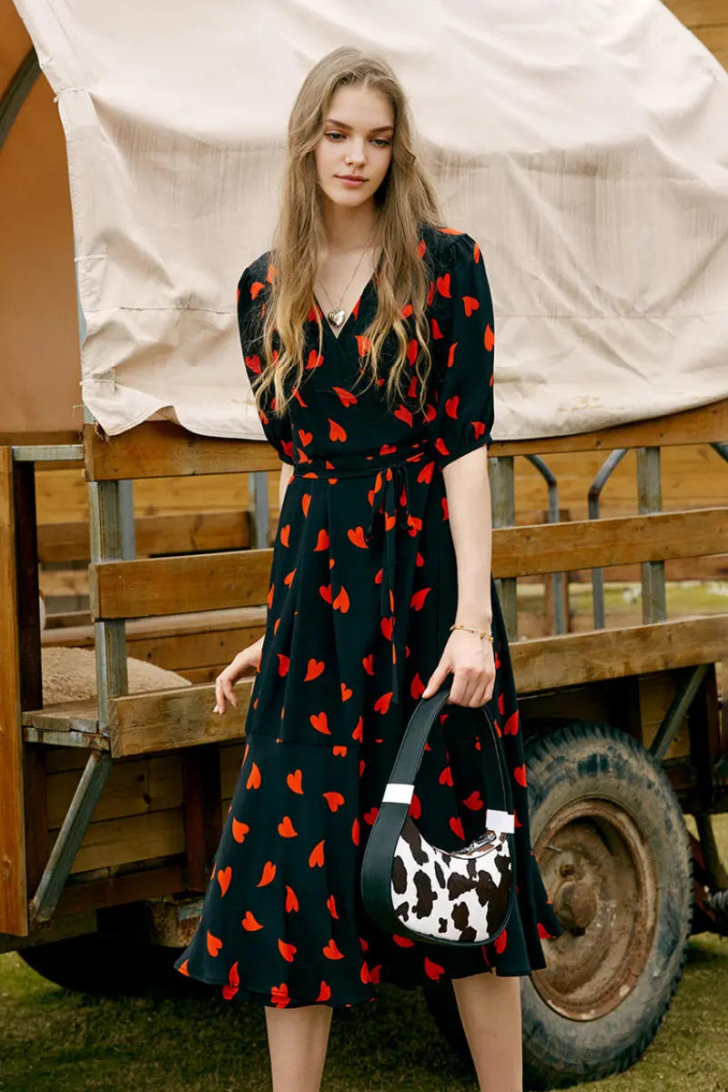 French-Inspired Silk Double Crepe Heart Wrap Midi Dress - HBQMJX