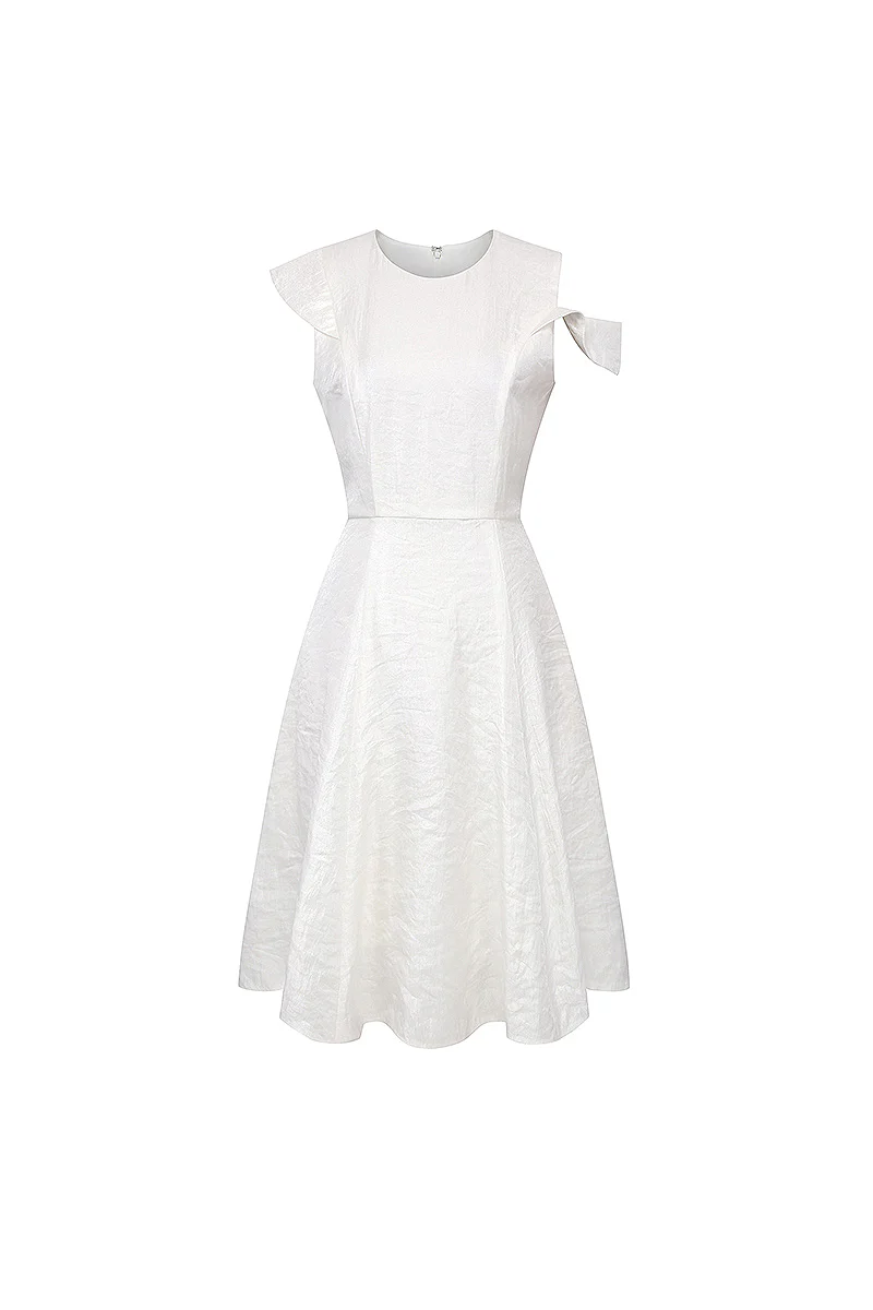 White Asymmetrical Sleeve Midi Graduation Dress - HBQMJX