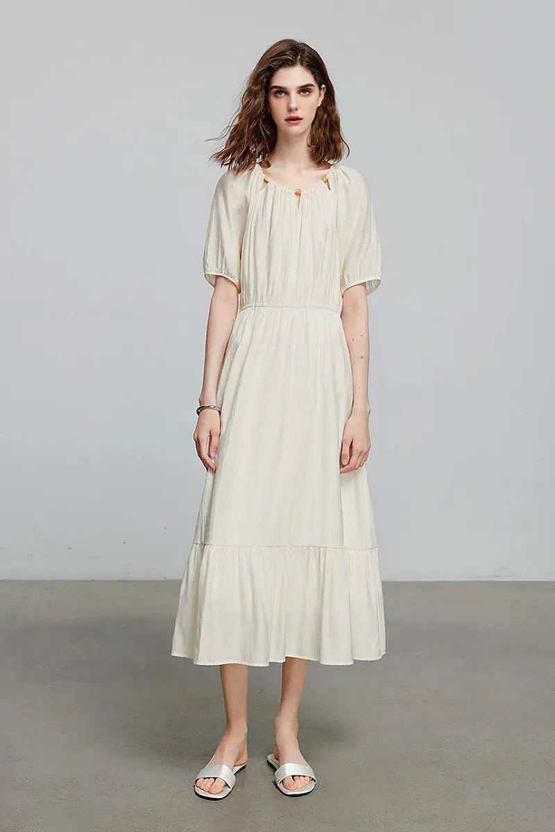 White Textured Vacation Midi Dress with Beaded Neckline - HBQMJX