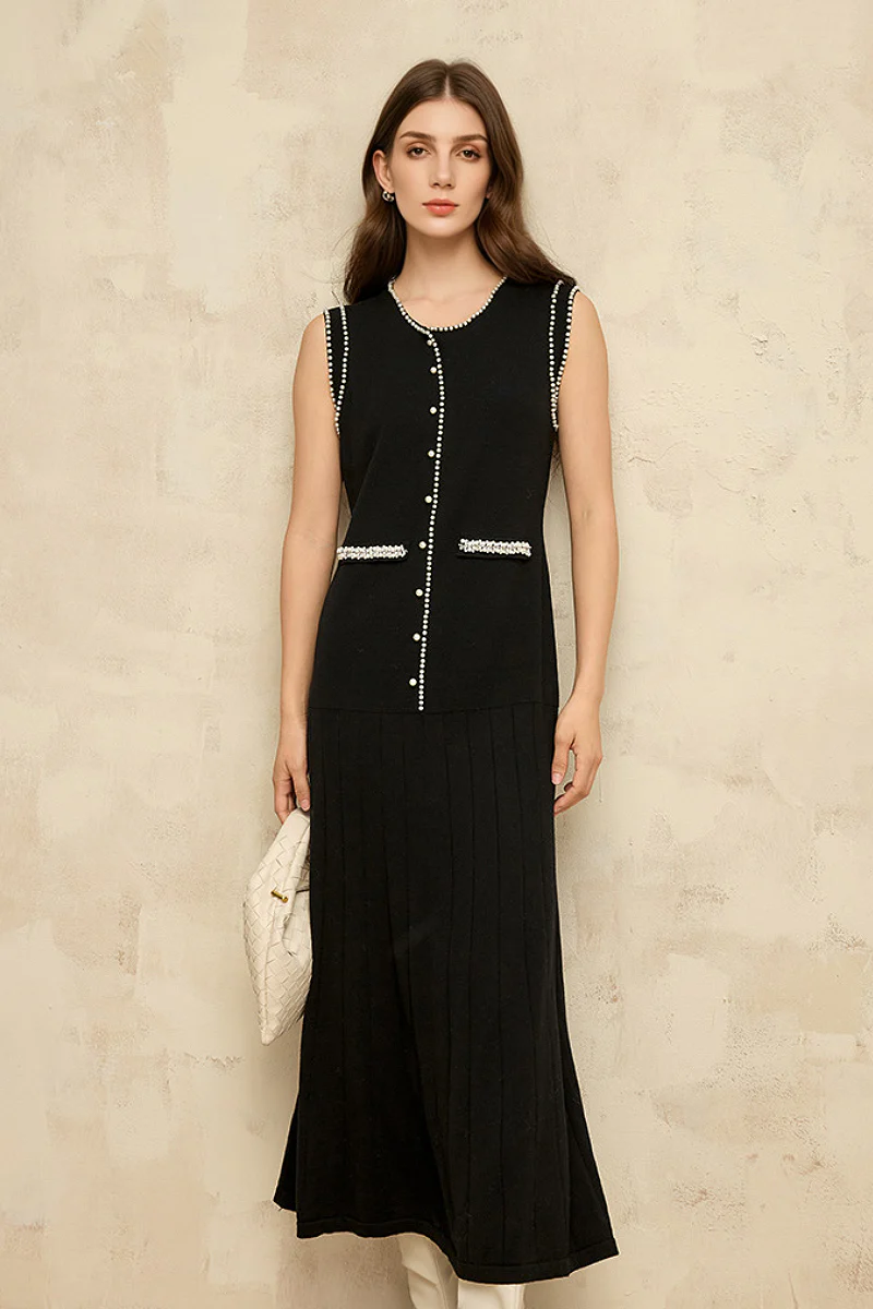 French Sleeveless Handmade Embellished Knit Midi Dress - HBQMJX