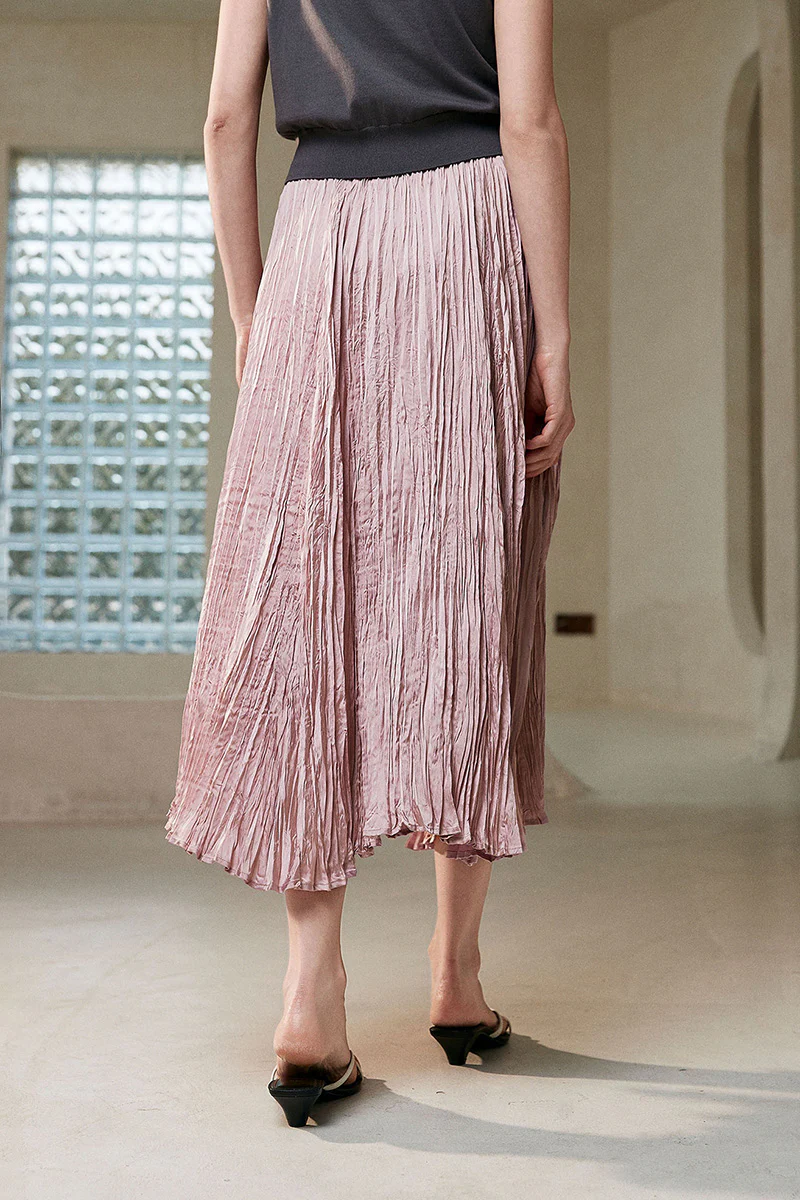 Flowy Crinkled A-line Midi Dress in Pink - HBQMJX