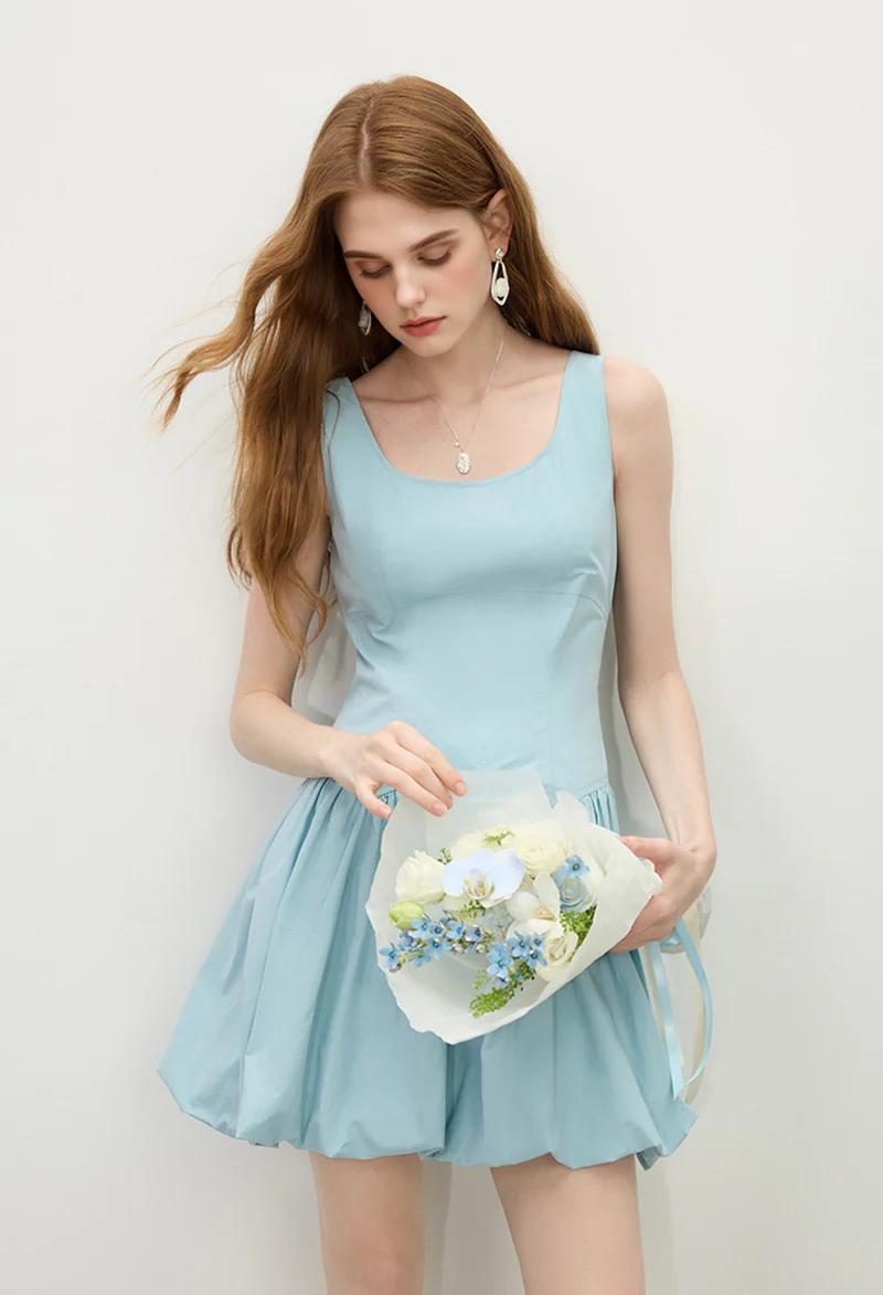 Baby Blue 100 Cotton Sleeveless Scoop-Neck Bubble Mini Dress - HBQMJX