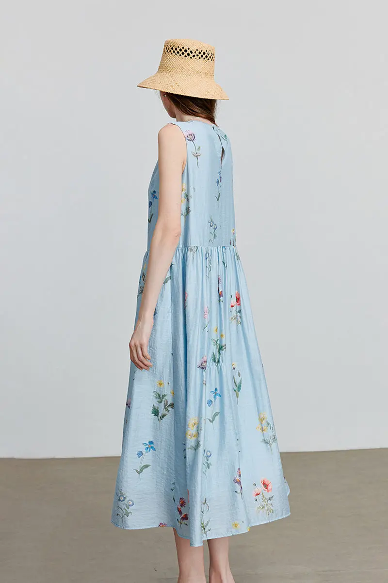 Blue Floral Linen Sleeveless Fit & Flare Midi Dress - HBQMJX