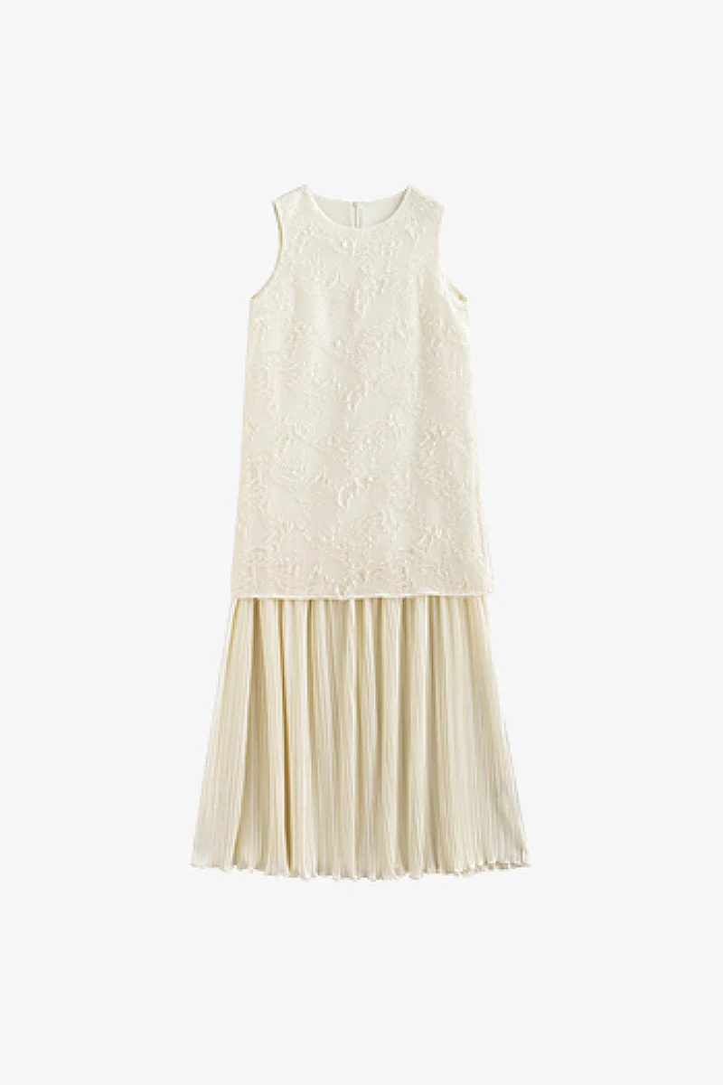 White Pleated Frayed Jacquard Mixed-Media Midi Dress - HBQMJX