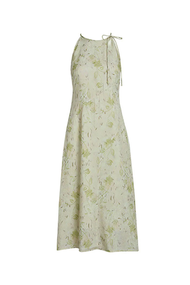 Sage Green Jacquard Halter Midi Dress with Shoulder Bow - HBQMJX