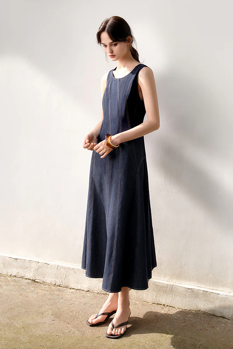 Denim Sleeveless A-Line Midi Dress - HBQMJX