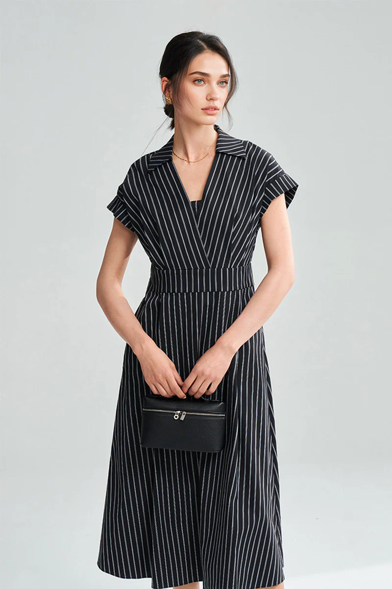 Black & White Striped A-Line Cap-Sleeve Midi Dress - HBQMJX