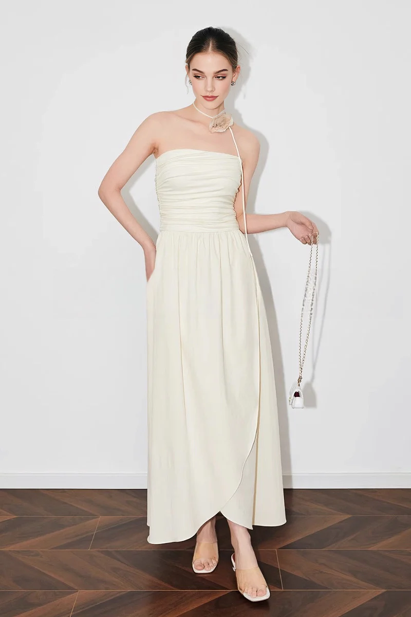 Strapless Ruched Maxi Dress With Asymmetrical Hem - HBQMJX