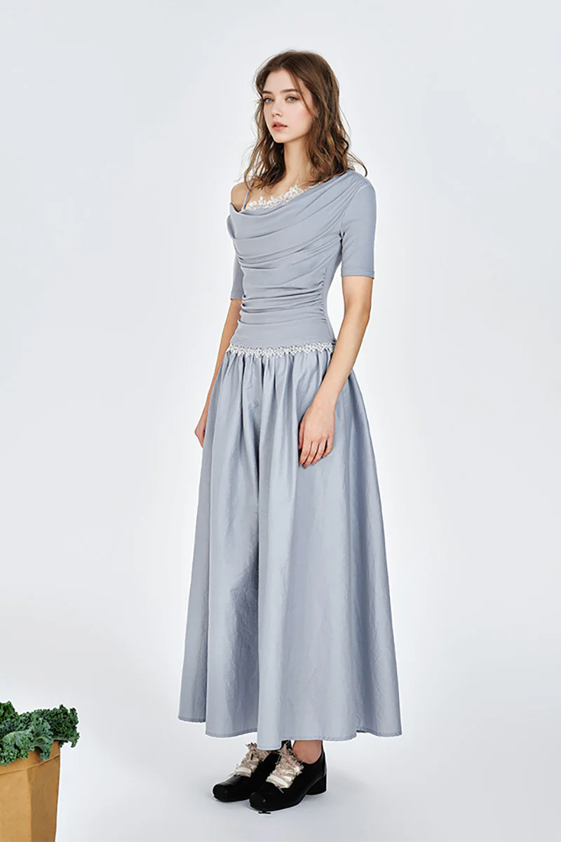 Blue Off-the-Shoulder Ruched Fit & Flare Maxi Dress - HBQMJX