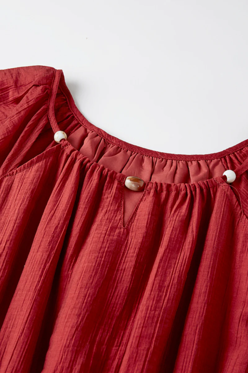 Red Beaded Puff-Sleeve A-Line Midi Dress - HBQMJX