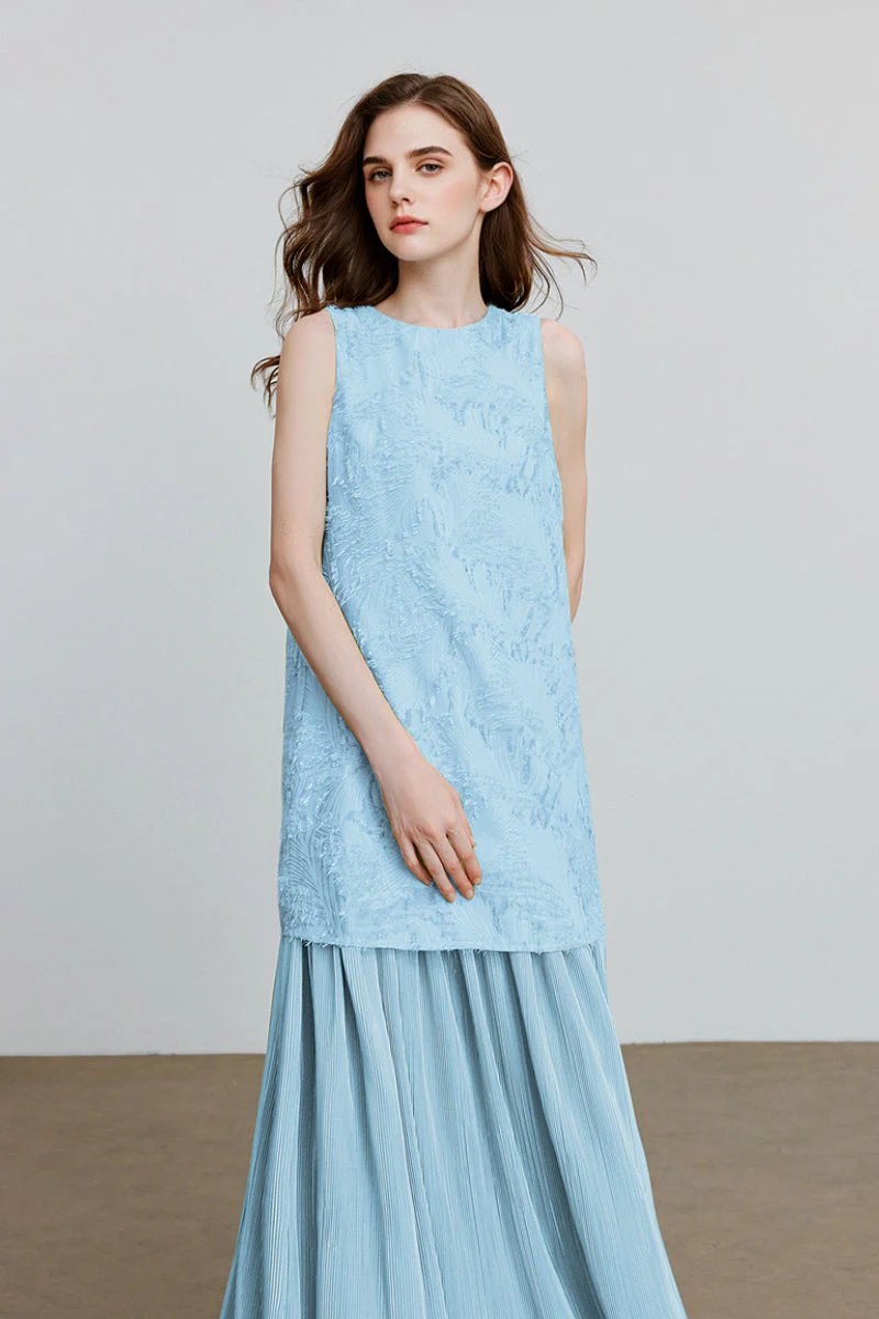 Blue Frayed Jacquard Pleated Mixed-Media Midi Dress - HBQMJX