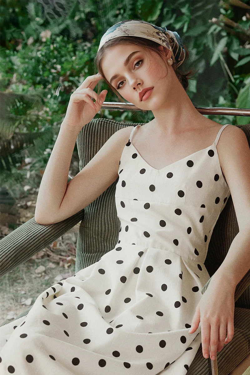 White Polka-Dot Spaghetti-Strap Midi Dress - HBQMJX